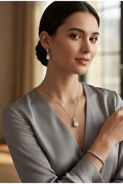 SONES Gümüş Damla Çelik Takı Seti Kolye Küpe ve Kelepçe Bilekilk