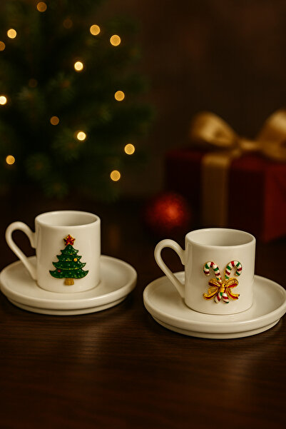 YzHome 2 Kişilik Porselen Yılbaşı Metal Figürlü Kahve Fincan Takımı Seti Hediyelik 90ml