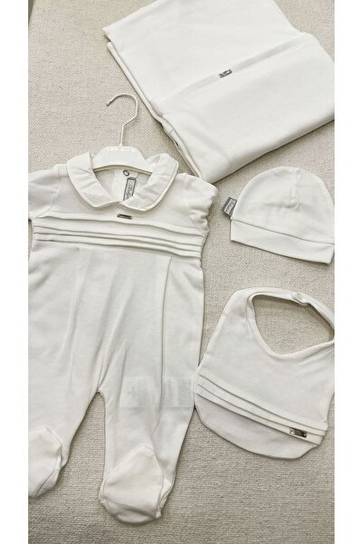 Babydola Erkek bebek organik beyaz bebe yaka hastane çıkış seti 4 parça