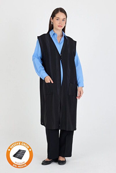 Genel Markalar Kadın Standart V Yaka Lazer Kesim Modelli Uzun Cepli Yelek