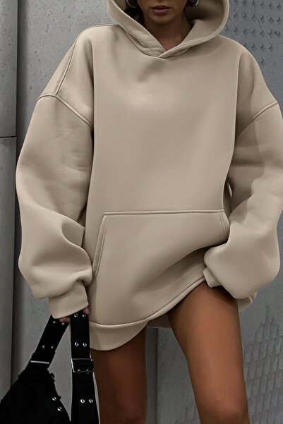 GUARAZ Μπεζ Unisex Φούτερ με κουκούλα με μαλακό ύφασμα Oversize Fit με φλις εσωτερικά