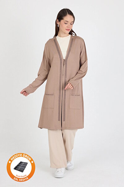 larocci Women's Standard V-Neck Stone Detailed Long Sleeve Vest with Pockets