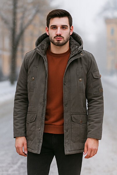 DYNAMO Men's Khaki Slim Fit Detachable Hooded Fur Lined Waterproof Coated Thick Coat