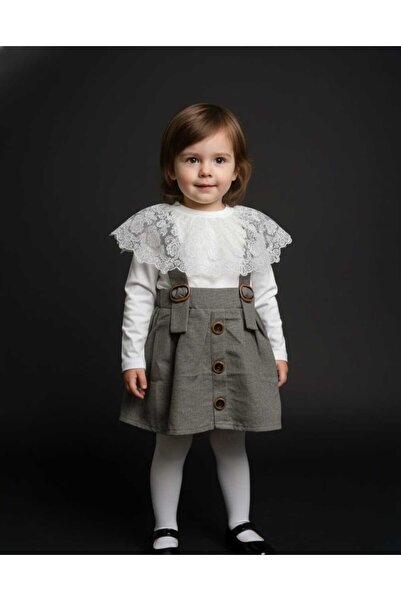 Pijamayo Girl's Green Salopet Dress and Guipure Collar Long Sleeve Badi