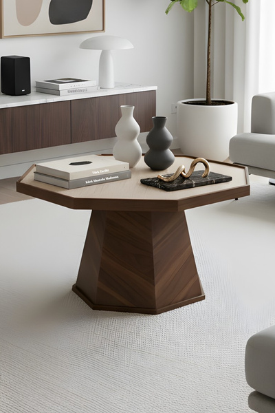 Liya Piramit Orta Sehpa Ahşap Orta Sehpa Yuvarlak Salon Sehpa Yuvarlak Orta Sehpa Bohem Kahverengi 80 Cm