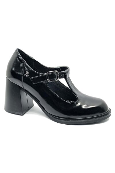 Venüs Amitar Genuine Leather Comfort Orthopedic Women's Classic Heeled Shoes Black-Patterned Leather