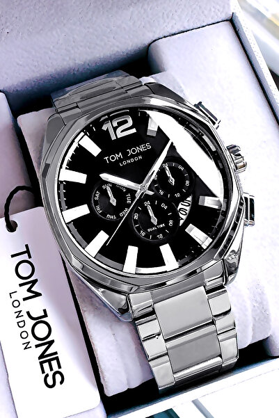 Tom Jones ساعة يد رجالية 3 ATM مقاومة للماء لون فضي سوار فولاذي Dkhvv2559