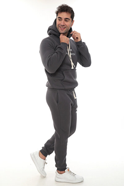 PHANTOM JEANS Smoked-Colored Stylish Men's Tracksuit Set with Fleece Inside, Elasticated Legs, Pockets, K Hooded Embroidery Detail, Compact Set