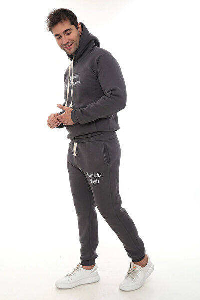 PHANTOM JEANS Ανδρικό σετ αθλητικής φόρμας καπνιστό κομψό με φλις εσωτερικά, ελαστικά πόδια, τσέπες, K με κουκούλα Κομπακτό σετ με λεπτομέρειες κεντήματος