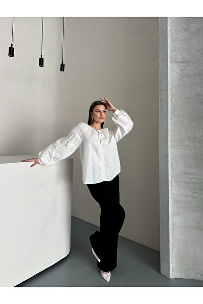 ubmbutik Linen Embroidered Balloon Sleeve Blouse