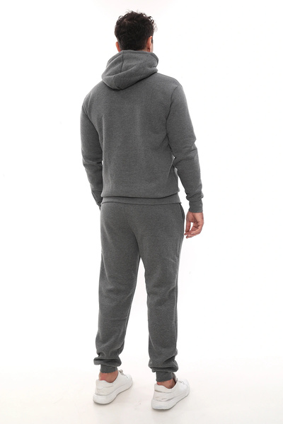 PHANTOM JEANS Dark Gray Fleece Men's Tracksuit Set with Elasticated Legs and Pockets, Hooded Embroidery Details, Compact Set