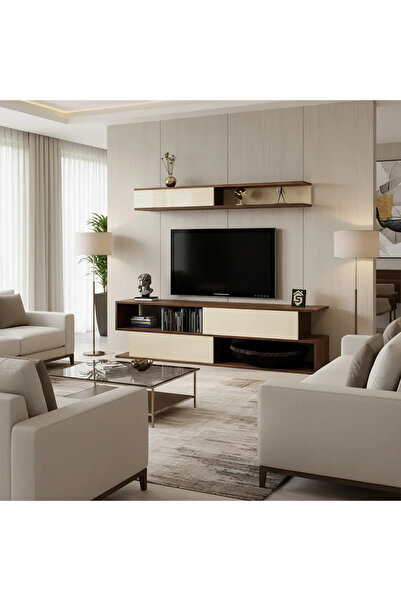 Stylish Home Brown and beige wood TV table with wall shelf - TV26