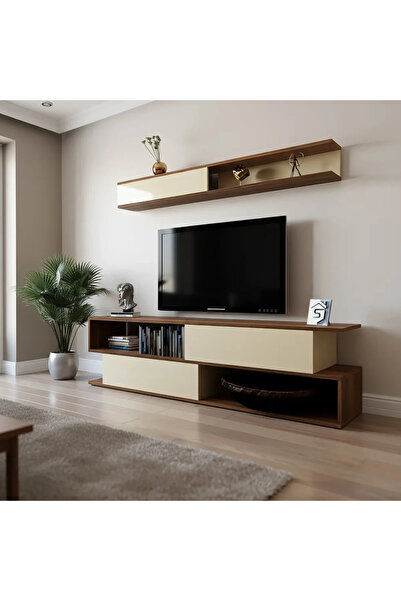 Stylish Home Brown and beige wood TV table with wall shelf - TV26