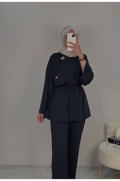 onlymoon Kadın Siyah Alt Üst Takım ♦ 2 İplik Likralı Kumaş ♦ Düğme Detay ♦ Be...