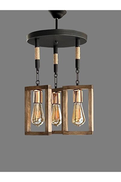 ONUR AVİZE Retro Rustik Bakır Duy Siyah Vegas Ahşap 3'lü Sarkıt Avize