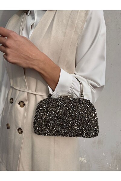 Çanta Trend Kristal Dökme Antrasit Taşlı Burslu Kadın El Ve Uzun Zincir Askılı Abiye Çanta