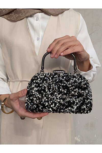 Çanta Trend Kristal Dökme Siyah Gümüş Taşlı Burslu Kadın El Ve Uzun Zincir Askılı Abiye Çanta