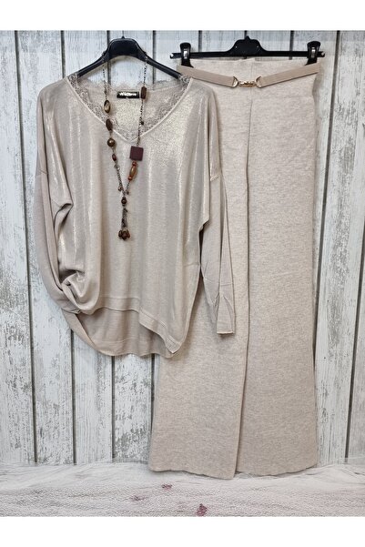 pudubutik Gold Varaklı Triko Bluz Bej