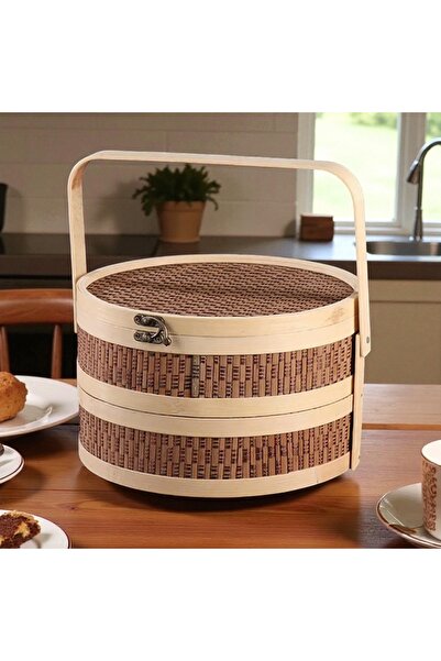 BUENOS Bamboo Hand-Woven 2-Tier Portable Picnic Basket, Storage Basket with Lid