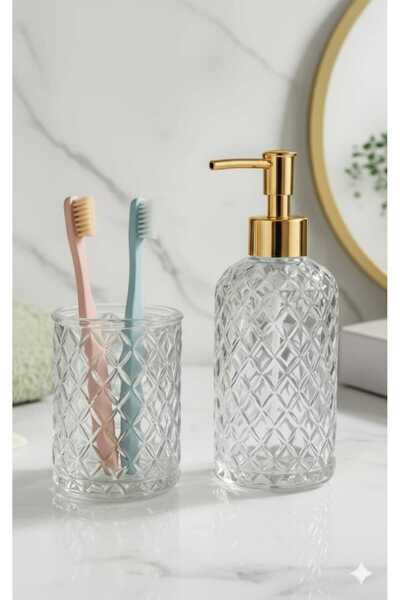 Vera Bambu Lüks Desenli Cam Banyo Seti | Altın Basmalı Sıvı Sabunluk ve Diş Fırçalık