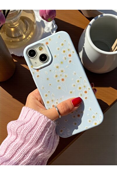 KVK PRİVACY iPhone 13/14/15 Uyumlu Papatya Desenli Mavi Lansman Liquid Silikon Kılıf