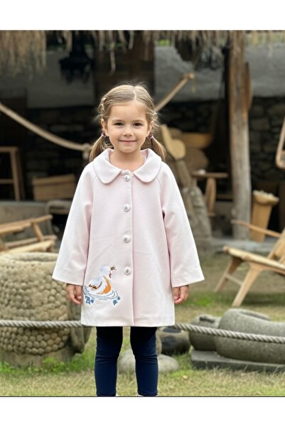 BeeMyBaby Kuğu Temalı Nakış İşlemeli, Pembe Kız Çocuk Kaşmir Kaşe Kaban Palto