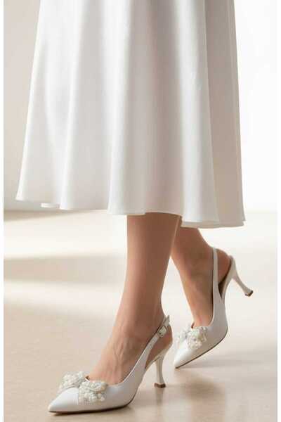 ŞAH أحذية فستان الزفاف ذات الظهر المفتوح المرصعة بالأحجار اللؤلؤية