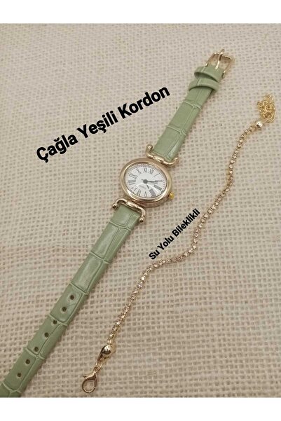 QUARTZ Vintage Kadın Kol Saati Retro Minimal Çağla Yeşili Kordon SU YOLU BİLEKLİKLİ bb0057