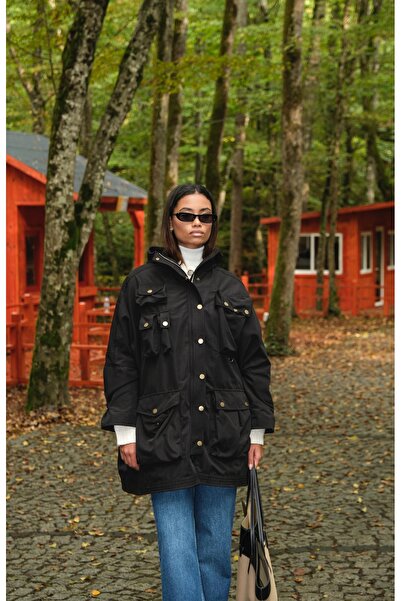 HOPE AND ME معطف ترنش نسائي أسود بتصميم سفاري مع جيوب وأزرار كبس