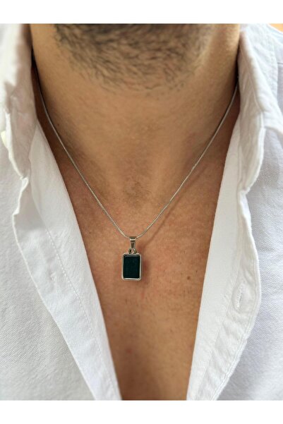 Fjellor Arnoediad Erkek Minimal Dikdörtgen Siyah Oniks Doğal Taş Uçlu Çelik Kolye