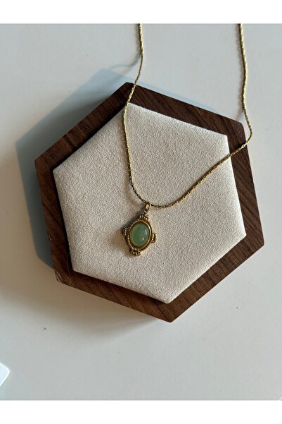 STOLIA Altın Kaplama 316L Çelik Vintage Yeşil Doğal Taşlı Çelik Kolye