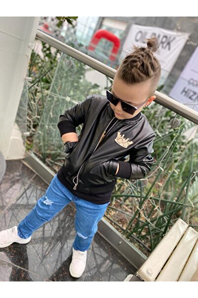 Burçak Butik سترة جلدية مطرزة للأولاد بنطلون جينز تي شيرت مطبوع مكون من 3 قطع