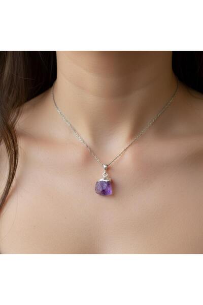 Taş Sandığı Raw Amethyst Stone Silver Necklace - Dark Color