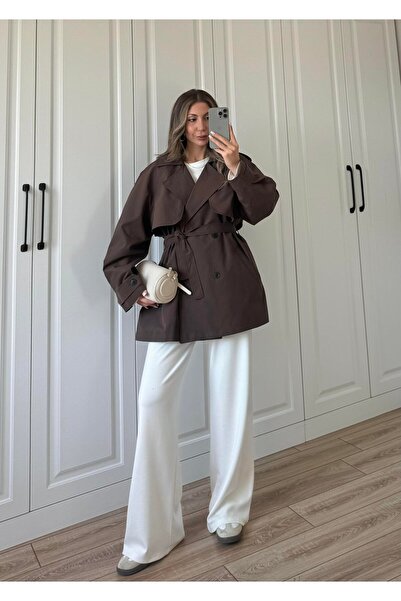 Narstorm Women's Belted Brown Araboy Sleeve Epaulettes Shawl Collar Trench Coat