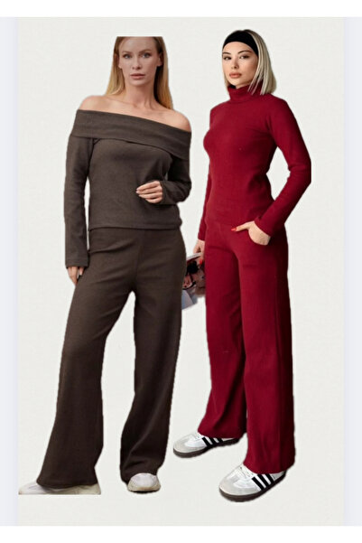 glanour Brown Burgundy Corduroy Camisole Fabric High Neck Top with Bottom Pants 2-Piece (2 Sets)