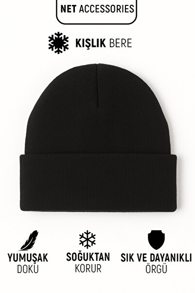 Net Tekstil Black Winter Knitwear Beanie Unisex Folded Cotton Hat