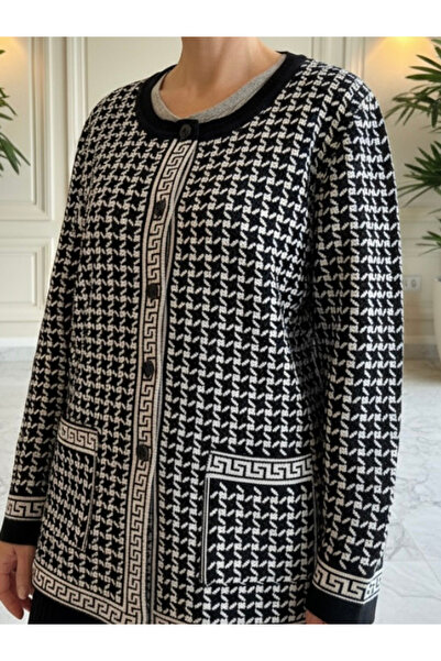 MBT Triko Bisiklet Yaka TEKTRİKO Pötikare Desen Hırka / Siyah Krem