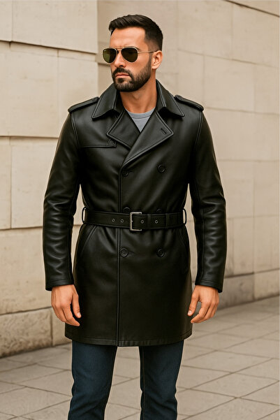 DERİJE Lugano Hakiki Deri Erkek Siyah Trençkot