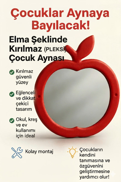 hilal kimya Elma Figürlü Anaokulu- Kreş Ve Tüm Okullar Için Lavabo Aynası (yükseklik:73 Cm- En:62 Cm ) Kırmızı