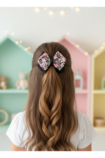 UniqueHandMade Μαύρη αγκράφα με φιόγκο με σχέδιο Panda, χειροποίητη αγκράφα γ...