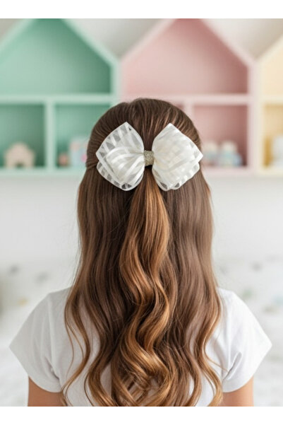 UniqueHandMade Cataramă cu fundă mare de ultimă tendință din seria premium, panglică din organza realizată manual Cataramă cu fundă Ecru pentru copii