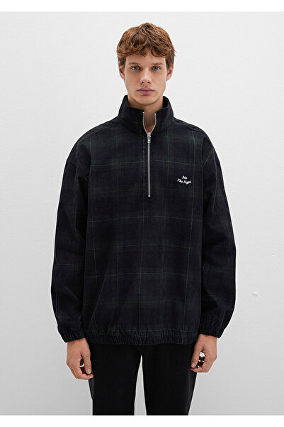 Mavi Yarı Fermuarlı Kareli Siyah Sweatshirt 0211777-91298