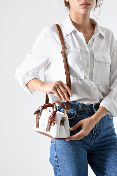 bahwar Mini Şal Detaylı Beyaz El Ve Omuz Çantası