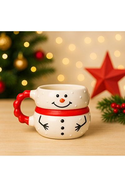 İZart Bead Handle Snowman Patterned New Year Themed Special Embossed Hand Embroidered Ceramic Mug