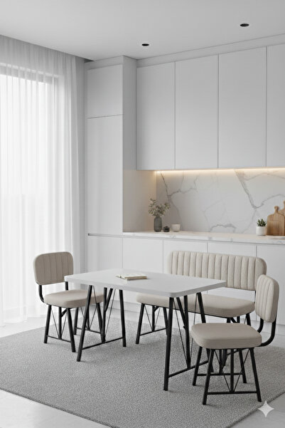 Parlazonhome Elfin 70x110 Beyaz Sabit, 2 Sandalye 1 Bench, Masa Sandalye Takımı, Mutfak Masası Takımı - Krem