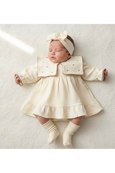 Serackids Maita Dress with Heart Embroidery, Square Neckline, 100% Cotton Waffle Lace Bandana Baby Girl Set