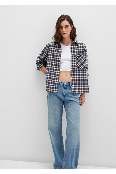 Mavi Lacivert Ekose Gömlek Loose Fit / Bol Rahat Kesim 1211301-81617