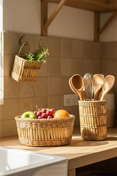 afralya home Wicker 3-Piece Set Organizer - Countertop Fruit Holder Bamboo Spoon Holder Set