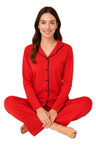 Sude HOMEWEAR Red Color Piped Cotton Shirt Long Sleeve Pajama Set