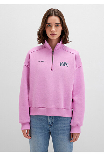 Mavi Logo Printed Semi-Zip Pink Sweatshirt 1S10373-71067